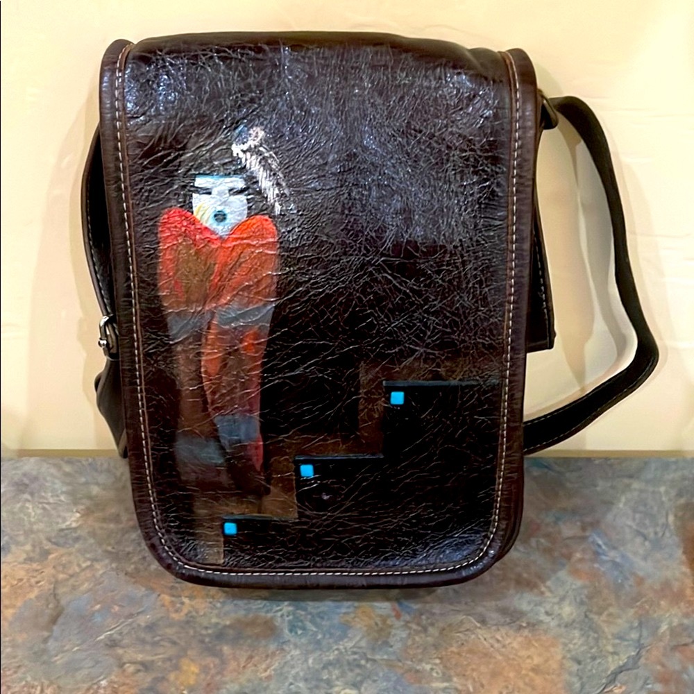 Brown Leather Crossover/Shoulder Bag with Hand Painted Art